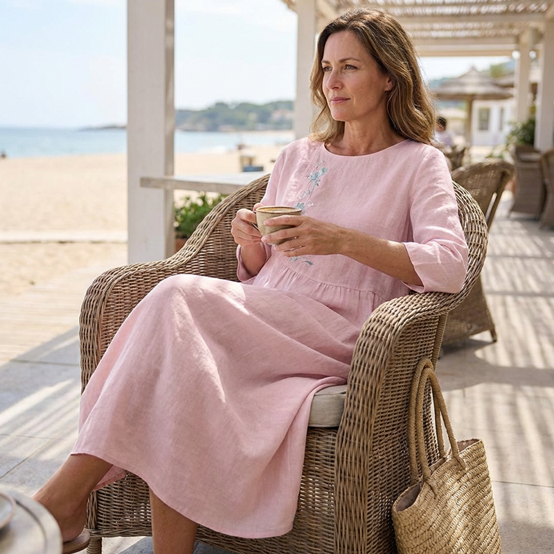 👗 ✨ Lässiges, locker sitzendes Midikleid mit Stickerei – Behaglicher Schnitt, Elegante Details & Hoher Tragekomfort 🌸