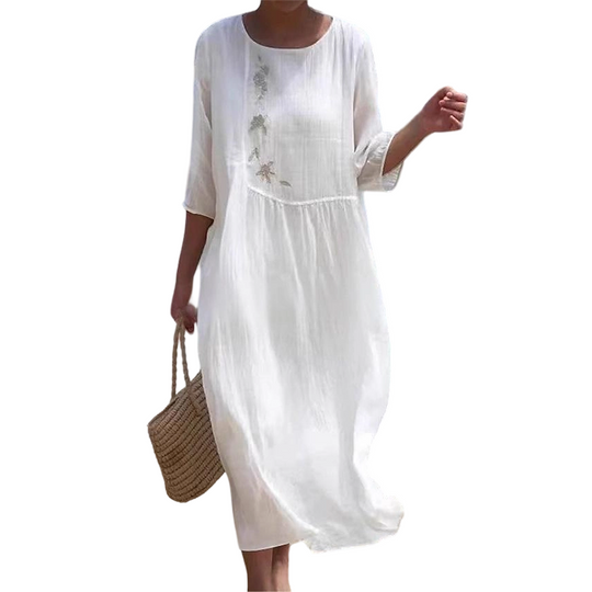 👗 ✨ Lässiges, locker sitzendes Midikleid mit Stickerei – Behaglicher Schnitt, Elegante Details &amp; Hoher Tragekomfort 🌸