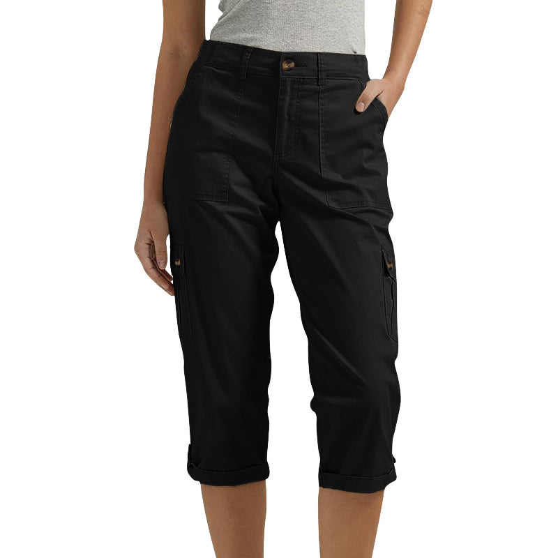 Capri Cargohose mit Taille und Falten unten und mehreren Taschen