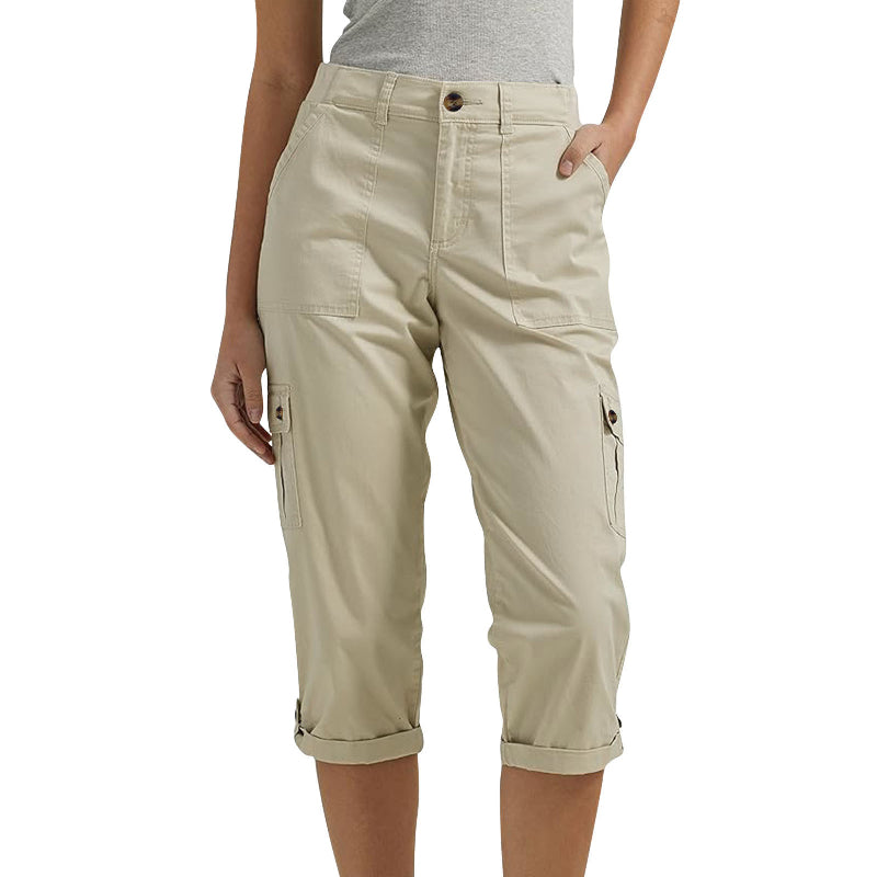 Capri Cargohose mit Taille und Falten unten und mehreren Taschen