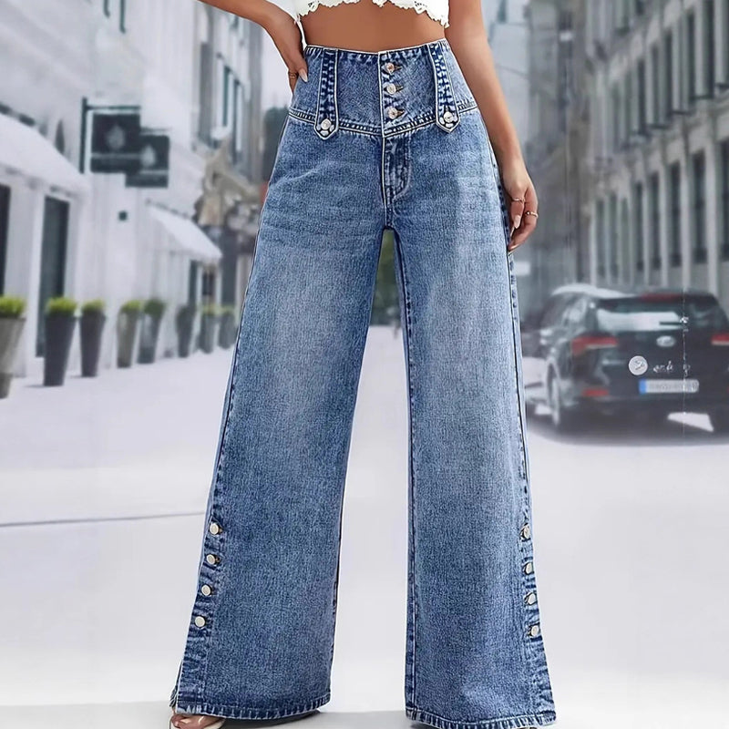 🔥 Damen-Weitbeinjeans mit Seitenschlitzen – High-Waist für schlanken Look