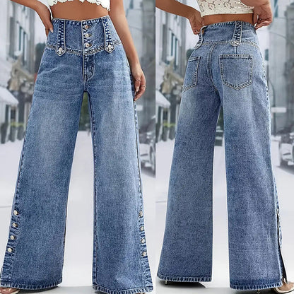 🔥 Damen-Weitbeinjeans mit Seitenschlitzen – High-Waist für schlanken Look
