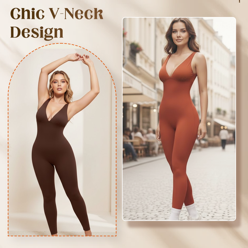 Hochdehnbarer Jumpsuit mit V-Ausschnitt für Fitness und Yoga