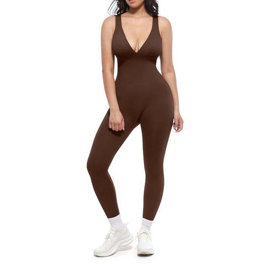 Hochdehnbarer Jumpsuit mit V-Ausschnitt für Fitness und Yoga