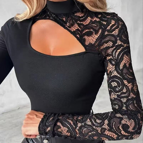 Damen Oberteil mit asymmetrischem Cut-Out und Spitzenärmeln