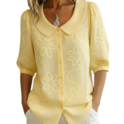 Besticktes Retro-Hemd mit Blumenmuster und Kragen