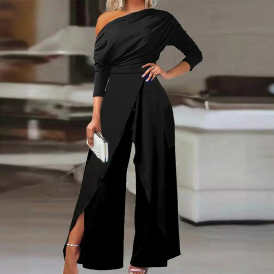 👗 Elegante Ein-Schulter-Jumpsuit für Damen – Weite Beine, Wickelrock-Design &amp; Atmungsaktiv – Für Cocktailpartys &amp; Hochzeiten