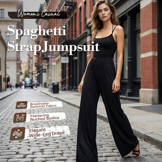 ☀️ Damen Sommer-Jumpsuit – Spaghettiträger, geraffte Taille, weites Bein, atmungsaktiv &amp; figurbetont, S–XL