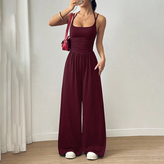 ☀️ Damen Sommer-Jumpsuit – Spaghettiträger, geraffte Taille, weites Bein, atmungsaktiv &amp; figurbetont, S–XL