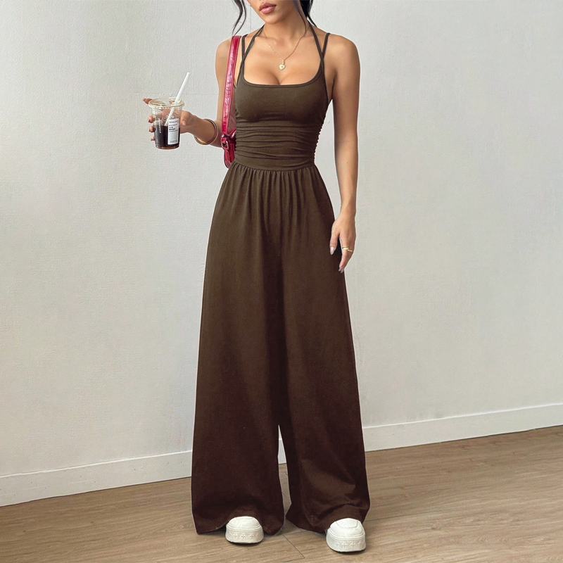 ☀️ Damen Sommer-Jumpsuit – Spaghettiträger, geraffte Taille, weites Bein, atmungsaktiv &amp; figurbetont, S–XL