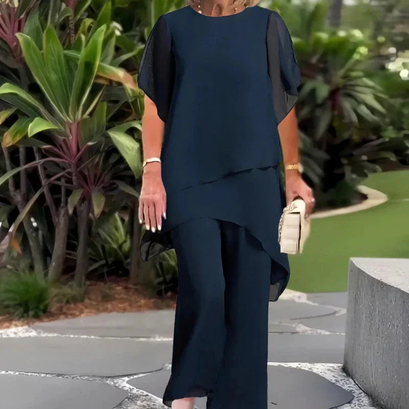 Damen-Zweiteiler: Charmantes asymmetrisches Top &amp; Hose mit weitem Bein