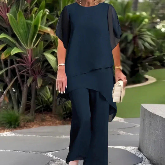 Damen-Zweiteiler: Charmantes asymmetrisches Top &amp; Hose mit weitem Bein