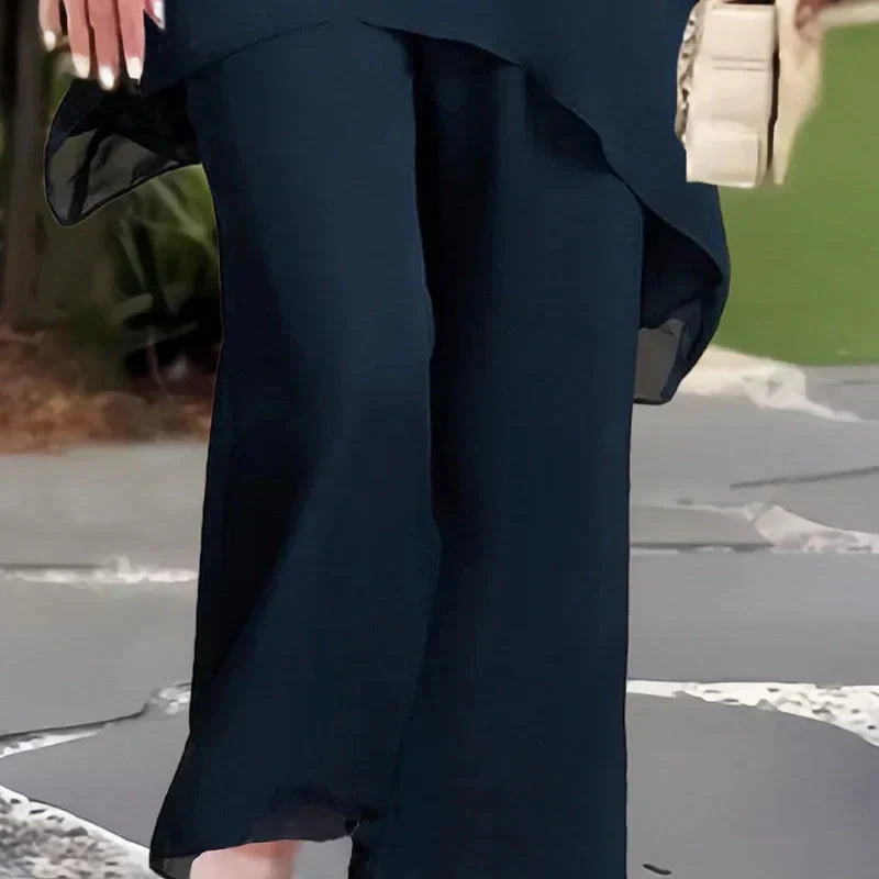 Damen-Zweiteiler: Charmantes asymmetrisches Top &amp; Hose mit weitem Bein