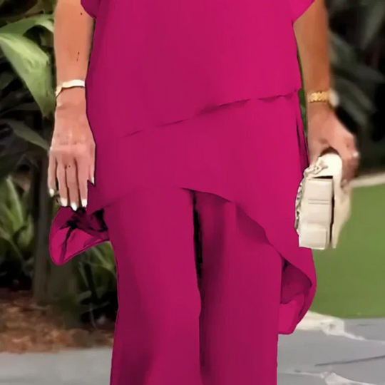 Damen-Zweiteiler: Charmantes asymmetrisches Top &amp; Hose mit weitem Bein