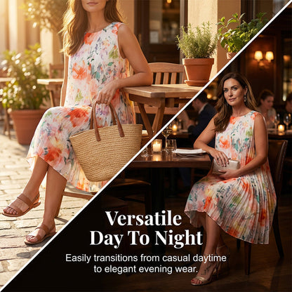 Ärmelloses Midikleid mit Plissee und Blumenprint und betonter Taille