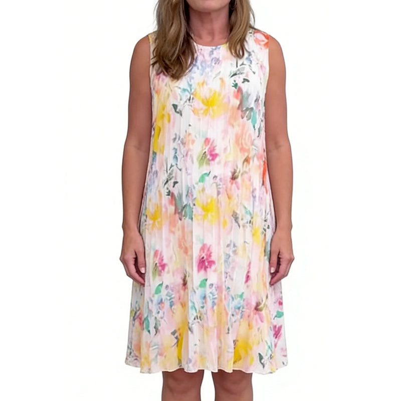 Ärmelloses Midikleid mit Plissee und Blumenprint und betonter Taille