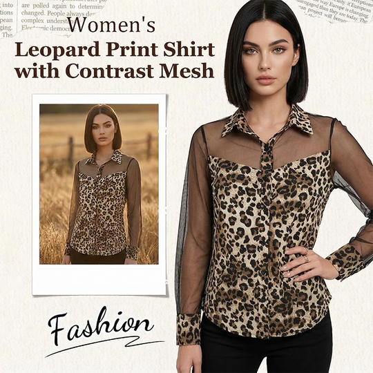 Damebluse med leopardmønster med kontrasterende mesh-innlegg