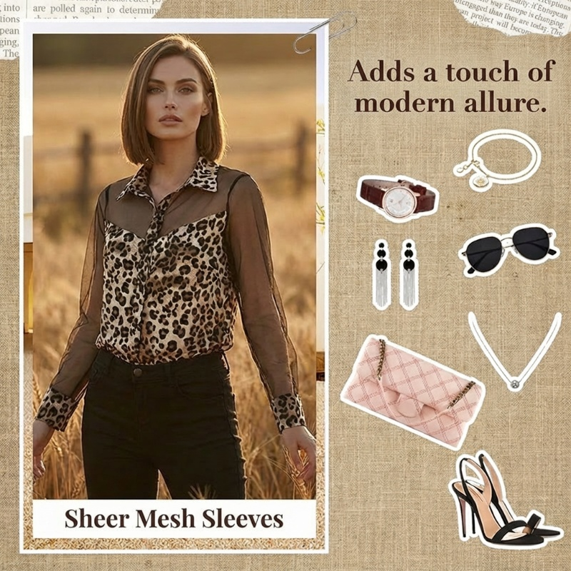 Damebluse med leopardmønster med kontrasterende mesh-innlegg