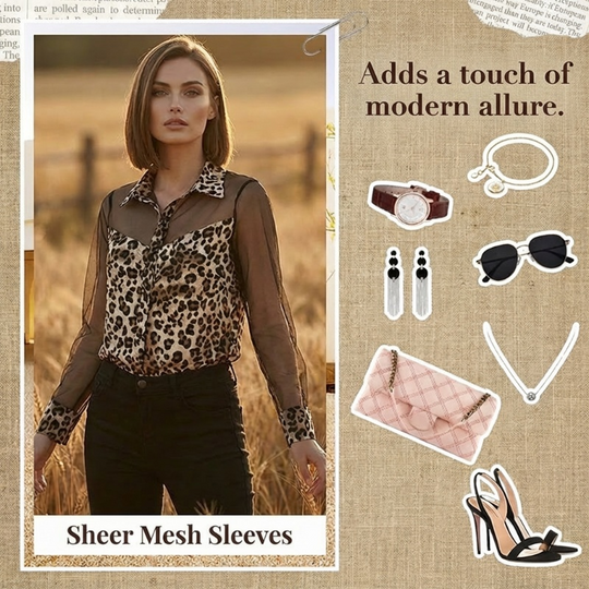 Damebluse med leopardmønster med kontrasterende mesh-innlegg