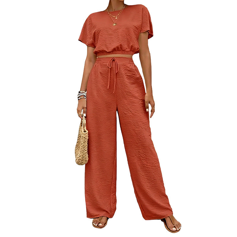 Kurzarm-Oberteil + lockere gerade Hose – Zweiteiler-Set für Damen