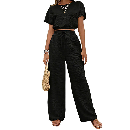 Kurzarm-Oberteil + lockere gerade Hose – Zweiteiler-Set für Damen