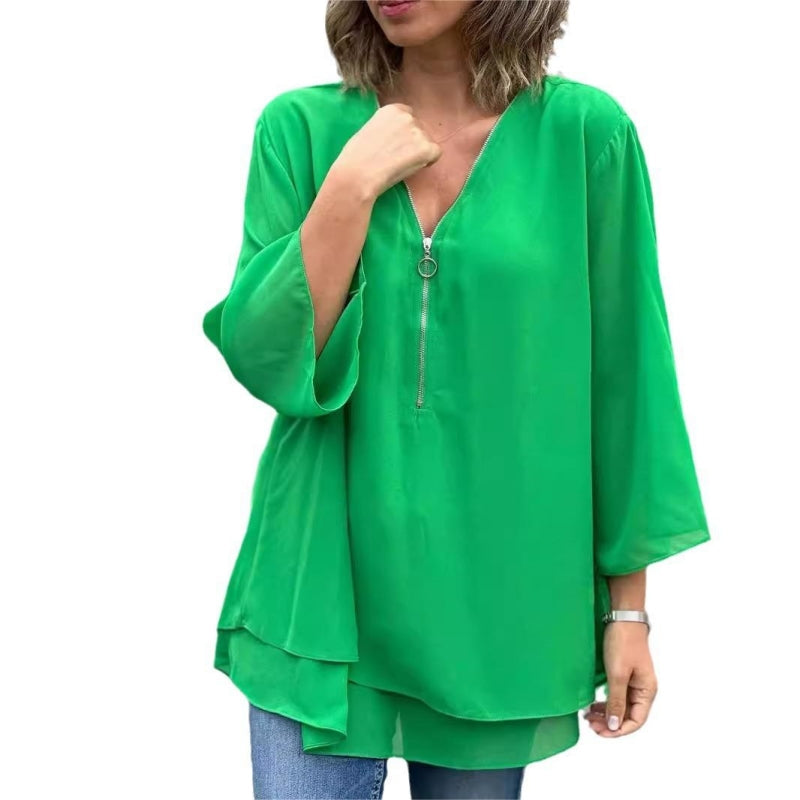 🌞Frühlingserwachen: 58% Rabatt!✨Damen Doppelschichtiges 3/4-Ärmel Top – V-Ausschnitt mit verstellbarem Metallreißverschluss