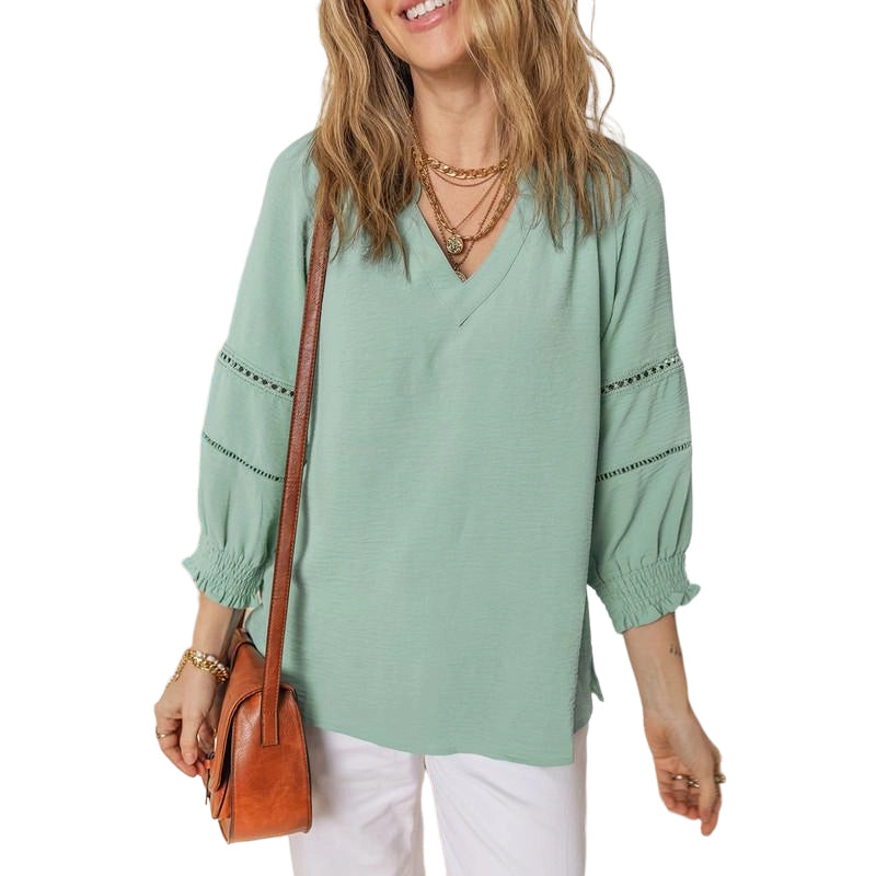 👚 50% RABATT! 🌸 Elegante Boho-Bluse mit V-Ausschnitt & Laternenärmeln – Luftig, Leicht & Figurumschmeichelnd für Einen Romantischen Look ✨