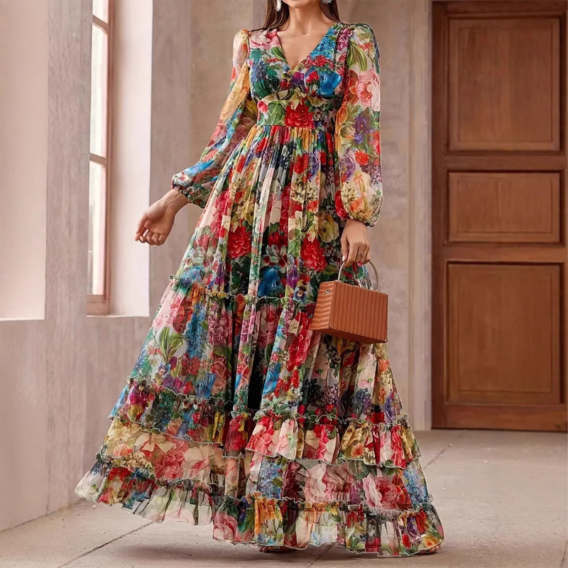 ⏳Nur für kurze Zeit: 50 % Rabatt⏰Romantisches Blumenkleid mit V-Ausschnitt und Laternenärmeln👗