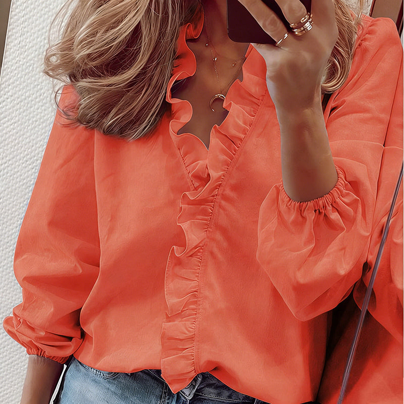 📢📢50 % Rabatt!! ⏰Damenbluse mit Rüschen und V-Ausschnitt, langärmelig