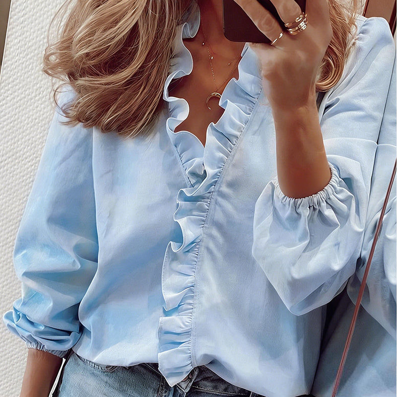 📢📢50 % Rabatt!! ⏰Damenbluse mit Rüschen und V-Ausschnitt, langärmelig