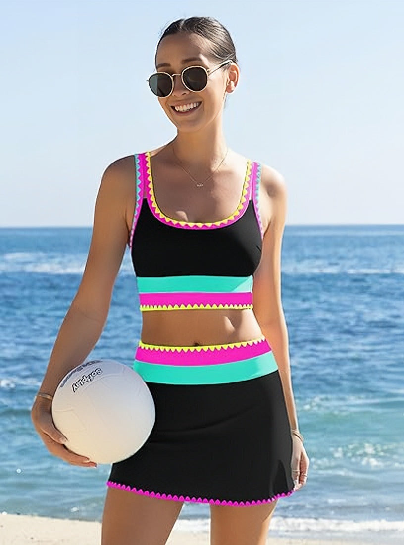 🌼Sportliches 3-teiliges Bikini-Set aus Nylon im Color-Block-Patchwork-Look – Badeanzug mit hoher Taille und figurformender Wirkung