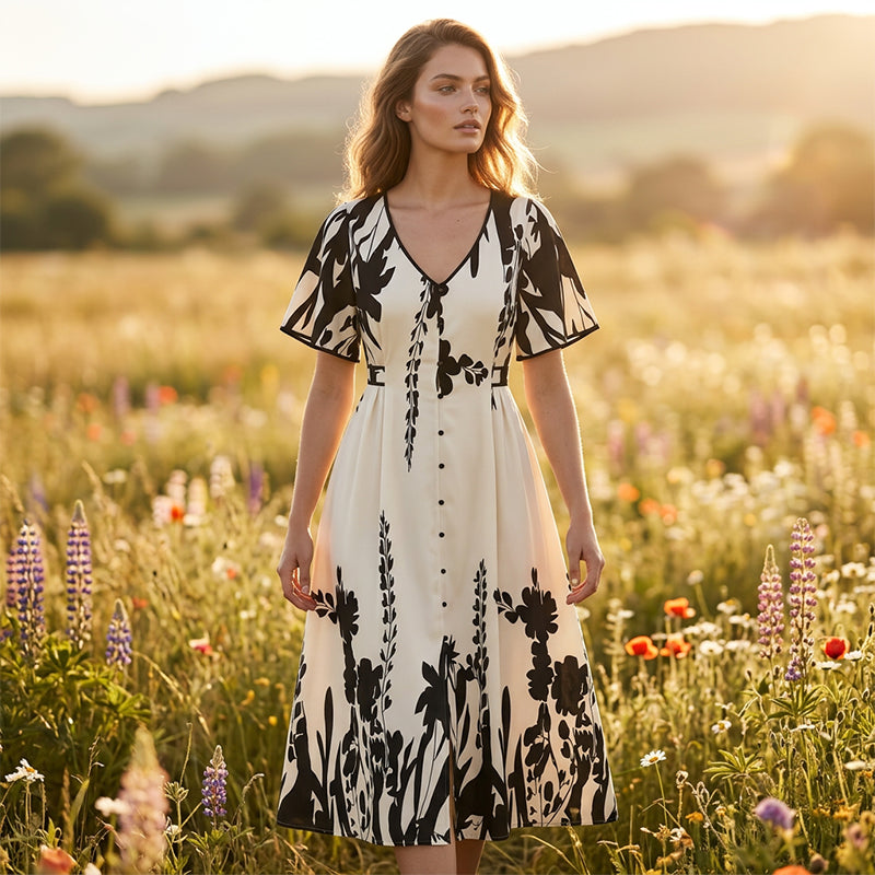 👗 50% RABATT! 🌿 Elegantes Botanisch Bedrucktes V-Ausschnitt-Midikleid – Leicht, Vielseitig & Perfekt Für Jeden Anlass 🌸