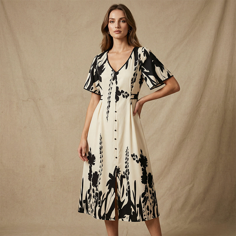 👗 50% RABATT! 🌿 Elegantes Botanisch Bedrucktes V-Ausschnitt-Midikleid – Leicht, Vielseitig & Perfekt Für Jeden Anlass 🌸