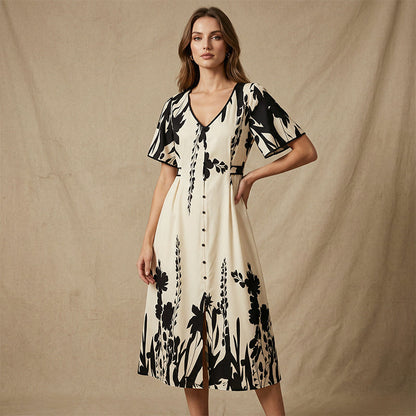 👗 50% RABATT! 🌿 Elegantes Botanisch Bedrucktes V-Ausschnitt-Midikleid – Leicht, Vielseitig & Perfekt Für Jeden Anlass 🌸