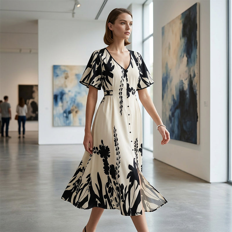 👗 50% RABATT! 🌿 Elegantes Botanisch Bedrucktes V-Ausschnitt-Midikleid – Leicht, Vielseitig & Perfekt Für Jeden Anlass 🌸