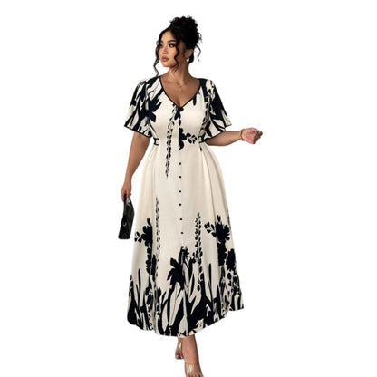 👗 50% RABATT! 🌿 Elegantes Botanisch Bedrucktes V-Ausschnitt-Midikleid – Leicht, Vielseitig & Perfekt Für Jeden Anlass 🌸