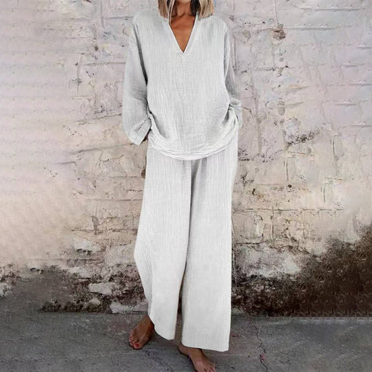 📢Casual Solid Color V-Neck Long Sleeve Top &amp; Wide-Leg Pants Set