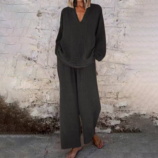 📢Casual Solid Color V-Neck Long Sleeve Top &amp; Wide-Leg Pants Set