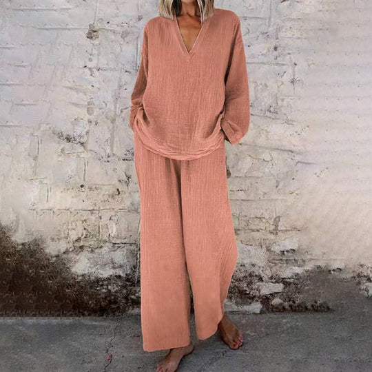 📢Casual Solid Color V-Neck Long Sleeve Top &amp; Wide-Leg Pants Set