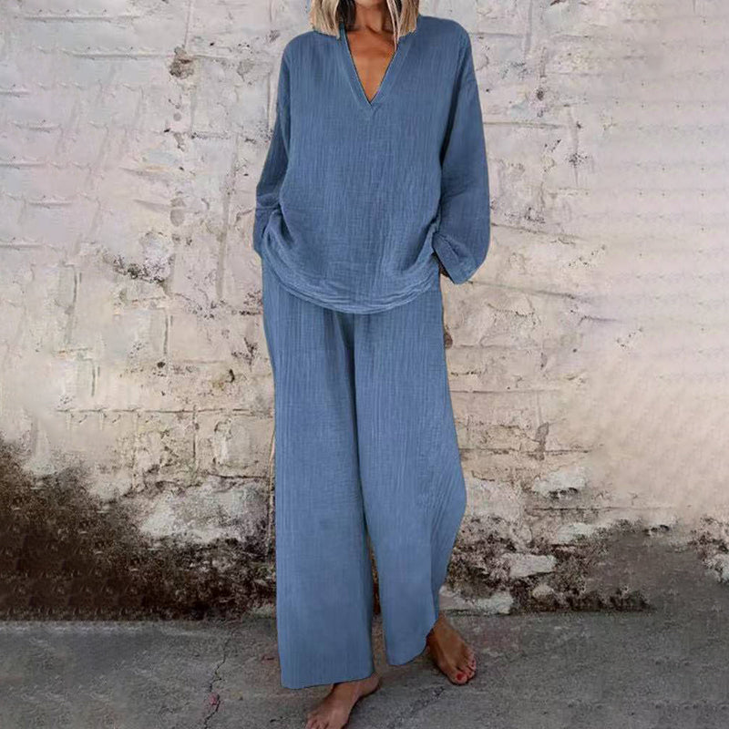 📢Casual Solid Color V-Neck Long Sleeve Top &amp; Wide-Leg Pants Set