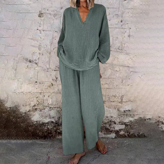 📢Casual Solid Color V-Neck Long Sleeve Top &amp; Wide-Leg Pants Set