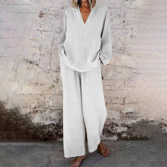 📢Casual Solid Color V-Neck Long Sleeve Top &amp; Wide-Leg Pants Set