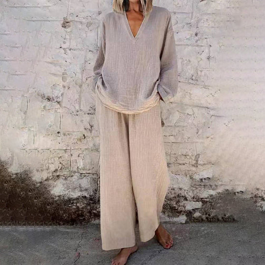 📢Casual Solid Color V-Neck Long Sleeve Top &amp; Wide-Leg Pants Set