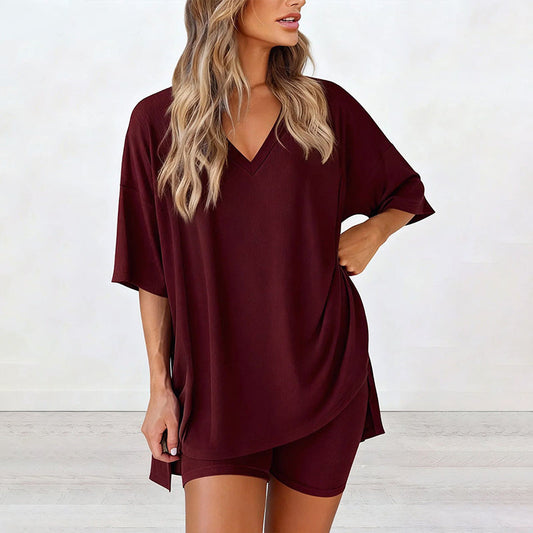 PRETTYGARDEN Crewneck Two-Piece Set For Women Summer Casual Oversized Split Hem Shirts & Side Pocket Biker Shorts Minimalist Lounge Wear Soft Viscose Fabric Comfy Homewear Cozy Pjs