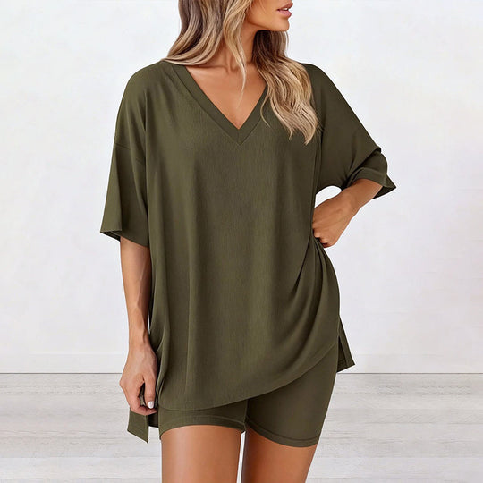 PRETTYGARDEN Crewneck Two-Piece Set For Women Summer Casual Oversized Split Hem Shirts &amp; Side Pocket Biker Shorts Minimalist Lounge Wear Soft Viscose Fabric Comfy Homewear Cozy Pjs