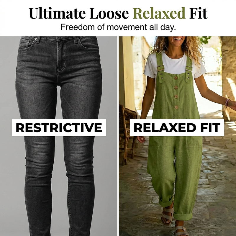 👖JETZT 50 % RABATT! 🌿 Lässige Damen-Latzhose mit Knopfleiste – Verstellbare Träger, atmungsaktives Material & bequeme Passform ✨