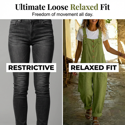 👖JETZT 50 % RABATT! 🌿 Lässige Damen-Latzhose mit Knopfleiste – Verstellbare Träger, atmungsaktives Material & bequeme Passform ✨