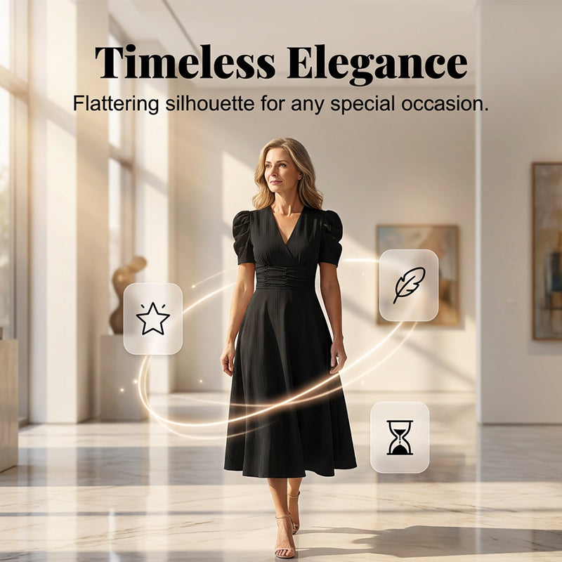 🥳2026 HOT SALE🥳💞50K+ SOLD!💥💕🌿 50% OFF! Elegant Puff Sleeve Dress – V-neck &amp; high waist create hourglass shape. Breathable, wrinkle-resistant. Perfect for mature women. 👗✅