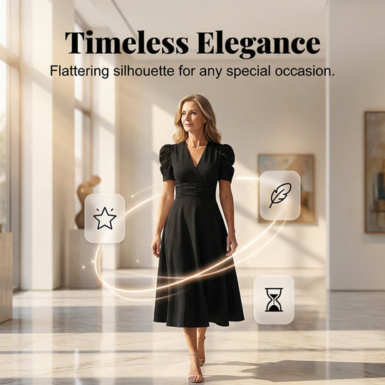 🥳2026 HOT SALE🥳💞50K+ SOLD!💥💕🌿 50% OFF! Elegant Puff Sleeve Dress – V-neck &amp; high waist create hourglass shape. Breathable, wrinkle-resistant. Perfect for mature women. 👗✅