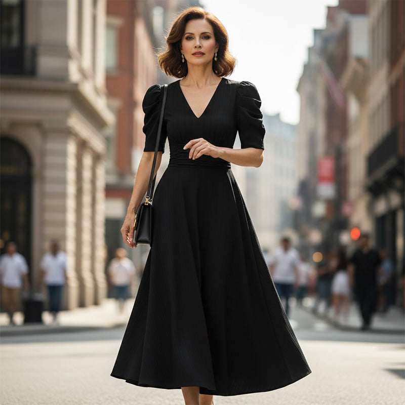 🥳2026 HOT SALE🥳💞50K+ SOLD!💥💕🌿 50% OFF! Elegant Puff Sleeve Dress – V-neck &amp; high waist create hourglass shape. Breathable, wrinkle-resistant. Perfect for mature women. 👗✅